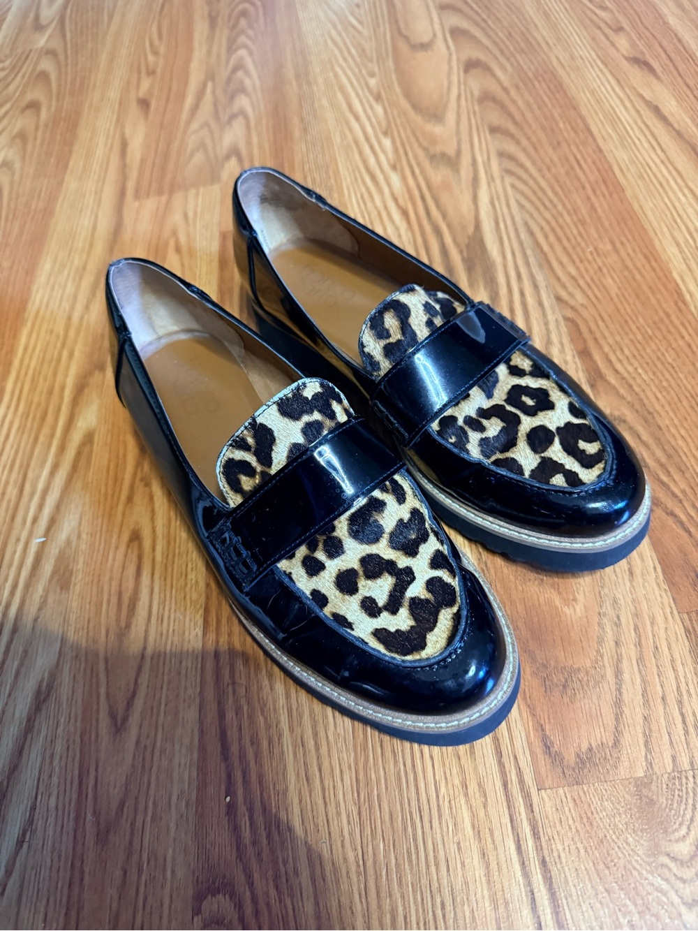 Black Patent Loafers with Leopard Print Accent - Women's Shoes